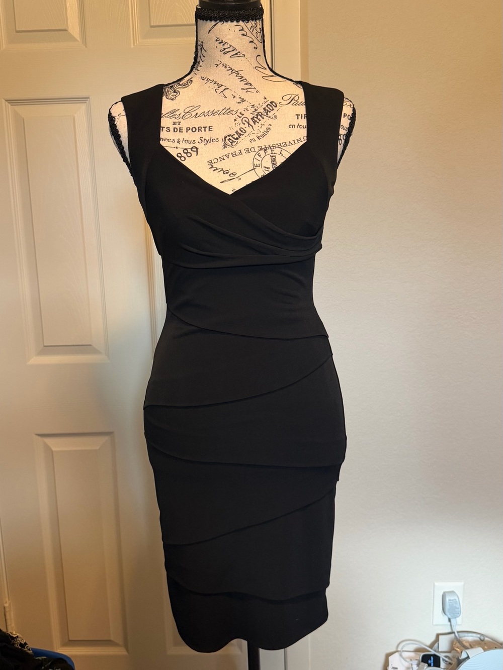 White House Black Market Black Midi Bodycon Sheath Dress with Layered Panels